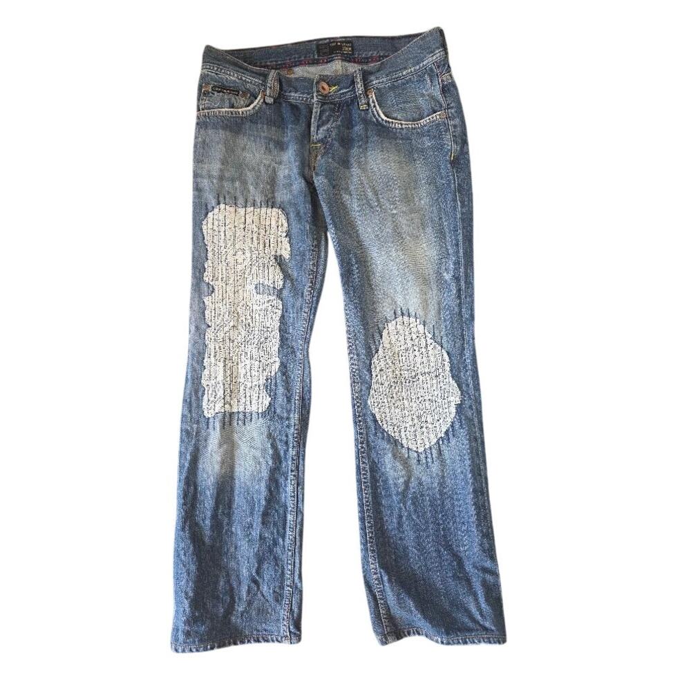Cup & Heart Denim Jeans Womens 29 Low Rise Lace Patch Distressed Straight Leg
